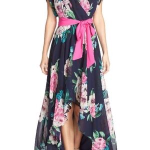 Eliza J Navy Floral High-Low Wrap Dress with Pink Sash